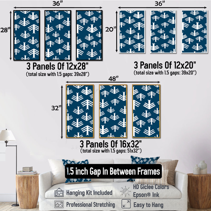 «American Indian Inspired Triangular Geometrics II - Bohemian», ensemble de 3 toiles encadrées, H 32 po x l 48 po x P 1 po
