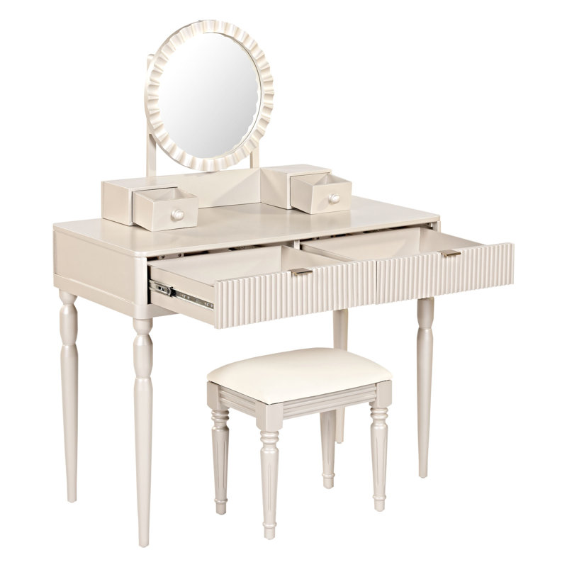 Coiffeuse de luxe avec miroir rond, ensemble coiffeuse élégant et réglable en hauteur avec 4 tiroirs et tabouret, couleur champagne