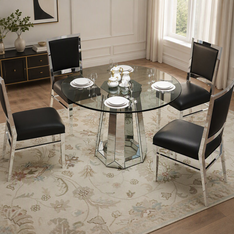 Table de salle à manger moderne en verre trempé minimaliste avec base ronde et miroir