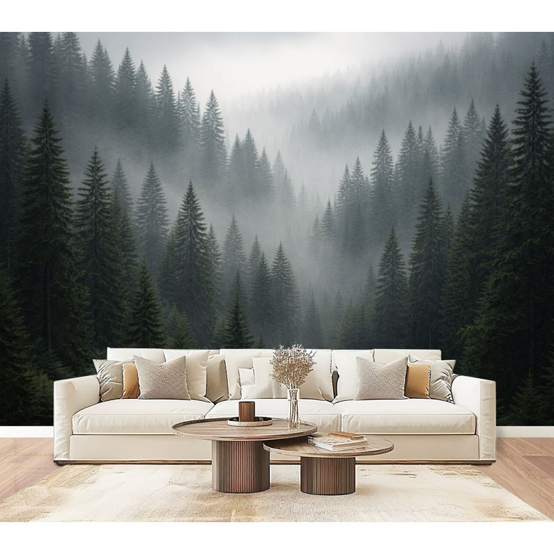 Papier peint adhésif auto-adhésif moderne pour la chambre à coucher Peel and Stick L 96 "x l 69" avec des arbres de pin brumeux