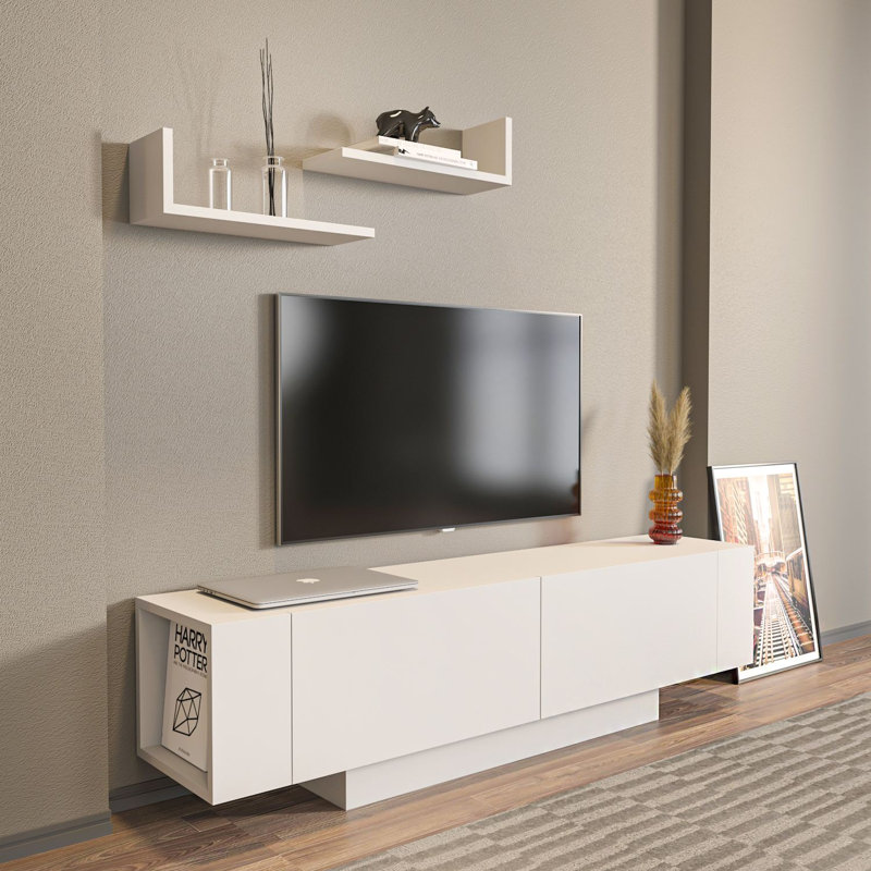 Meuble télé blanc moderne avec tablettes murales (2 pièces), 59,1 po x 15,7 po x 12,4 po | 100% panneau de particules enduit de mélamine, épaisseur: 0,7 pouce | Comprend de nombreuses tablettes, une conception murale, une solution de rangement élégante et fonctionnelle