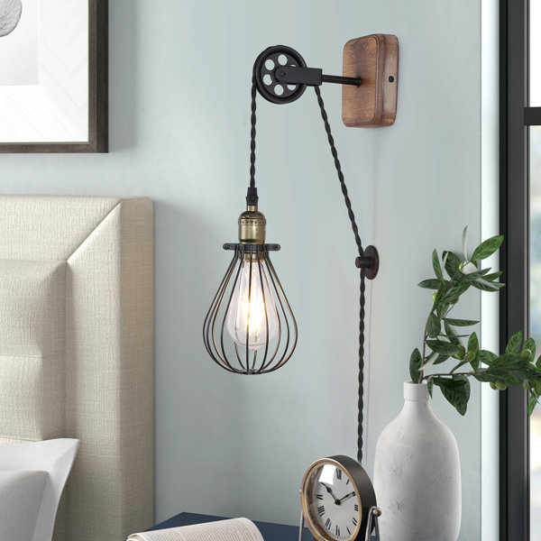 Industrial Farmhouse Plug In Wall Sconce With Wire Shade, Metal Wall Lamp Cage With Pulley Lift Rustic Wood LED Wall Lamp - Bed Bath & Beyond - View #6