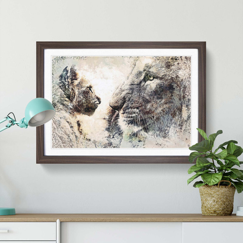 Lion Cub with Its Mother in Abstract - Picture Frame Painting Print, 36cm H x 48cm W x 2cm D, Walnut Framed