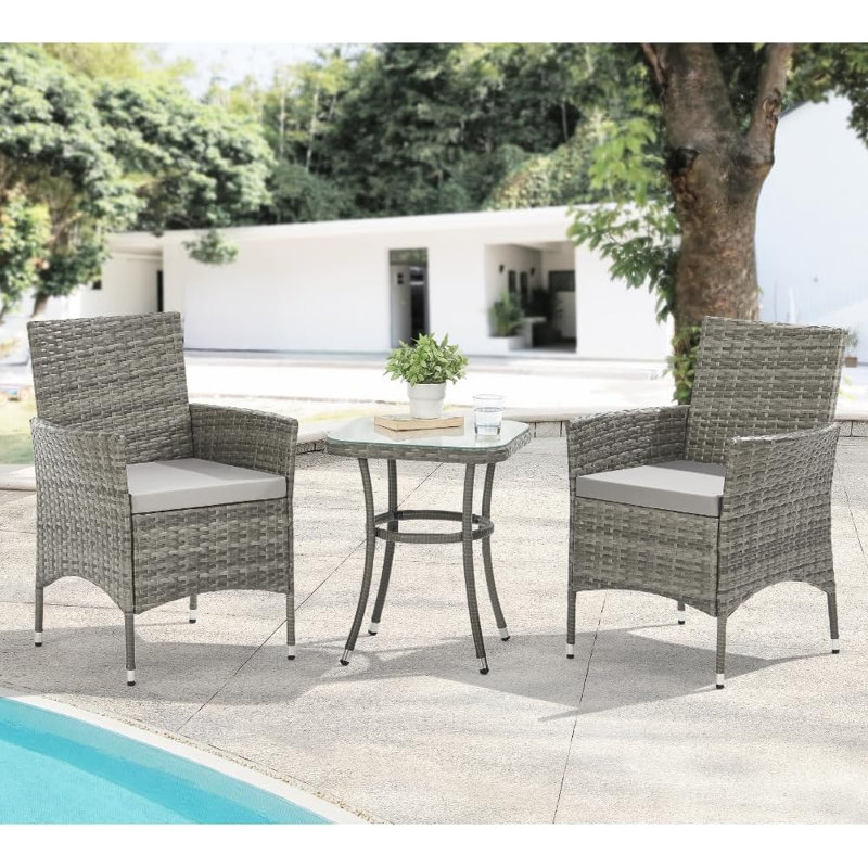 Lark Manor Sunray Outdoor Rattan Garden Bistro 3 Piece Set with Cushions Glass Top Table, Grey