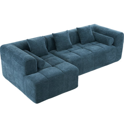 101.2" Sectional , Blue. Modular For Flexible Living. Full Foam Exceptional Support. Bewitching Curved . 3 Square & 2 Bolster Pillows. Back, American Show Blue Sectional. Different Styles. Superior