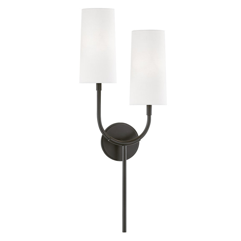 Elegant Old Bronze Dual-Light Sconce with White Linen Shade