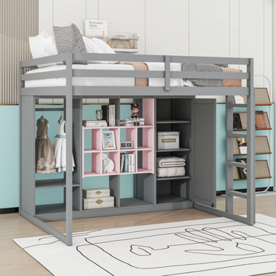 Wood Loft Bed With Open Wardrobe And Shelves