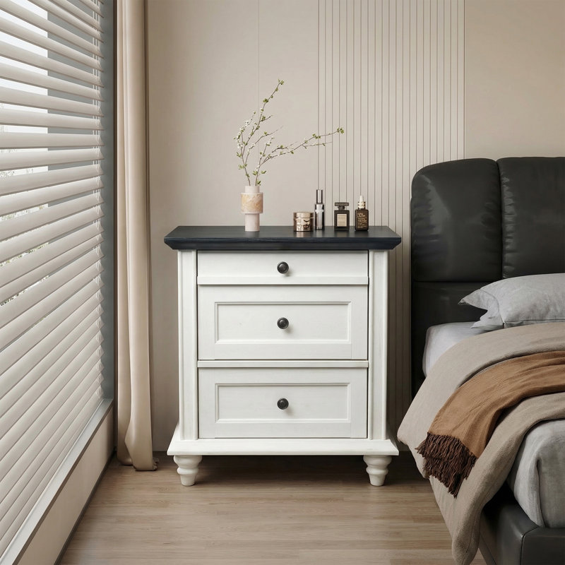 Traditional 24" W Bedside Table Nightstand With 3 Drawers, Solid Wood Legs, Metal Handles, White