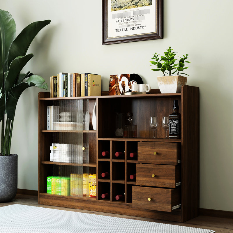 Space - Saving Freestanding Sideboard, 2 Sliding Striped Glass Doors, Ample Storage, Bottles, Wine, Double As Stylish Bookshelf, Modern Design, Walnut Finish, Particle Board + User Storage Multiple