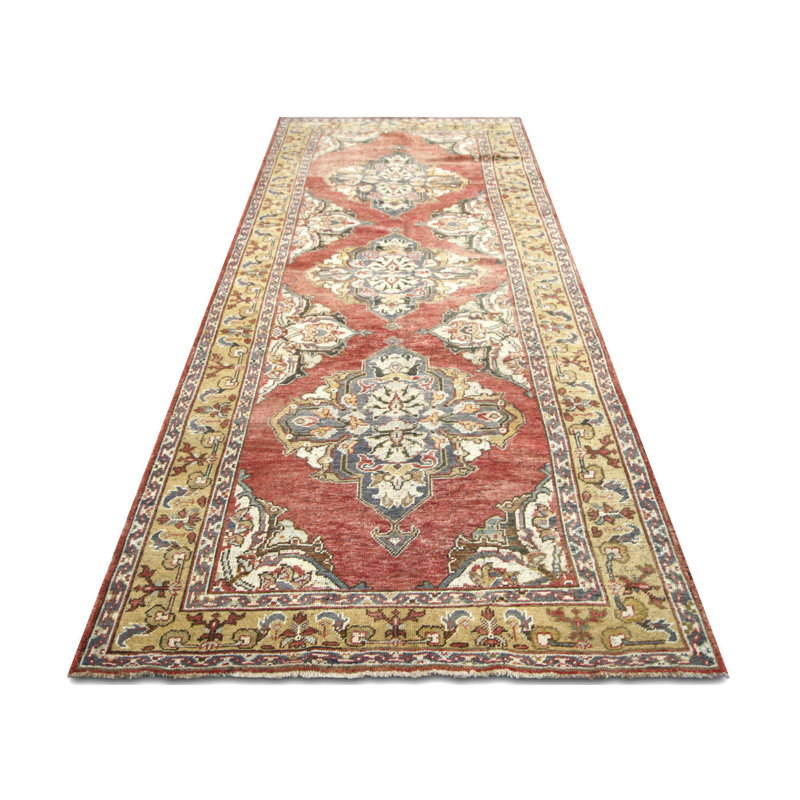 One-of-a-Kind Hand-Knotted 1960s 4'8" x 11'6" Runner Wool Area Rug in Red/Yellow/Brown