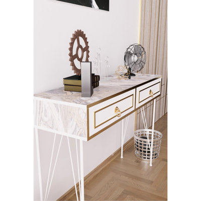 Console avec pieds en métal et base en bois de couleur blanche, 47 po Profondeur, 14 largeur, 35 hauteur, pieds, base, 45,83 13,86 35,45