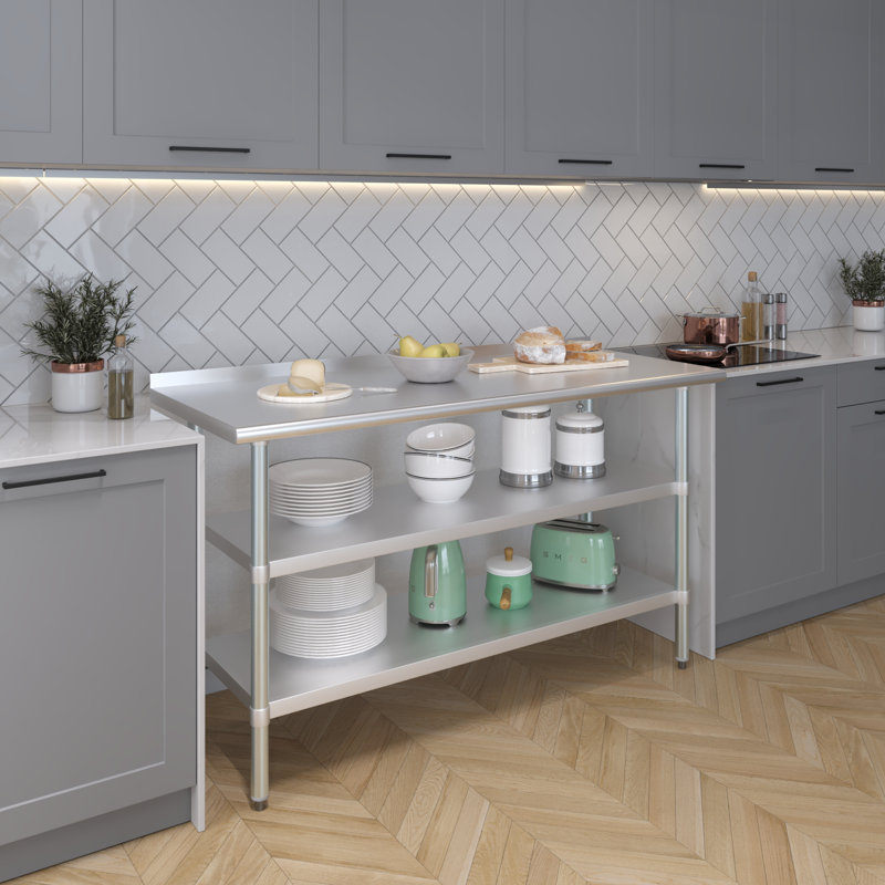 Stainless Steel Prep Table with 1.5" Backsplash and 2 Undershelves, 36.5" H x 60" W x 24" D