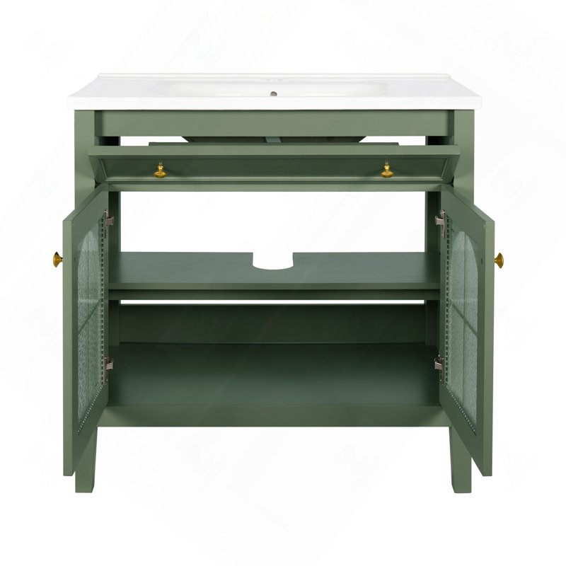 Lavabo de salle de bain 35,6 po Mid-Century avec verre à motif et bande lumineuse à capteur de mouvement, meuble-lavabo sur pied Farmhouse avec rangement, meuble-lavabo haut de gamme pour salle de bain, vert