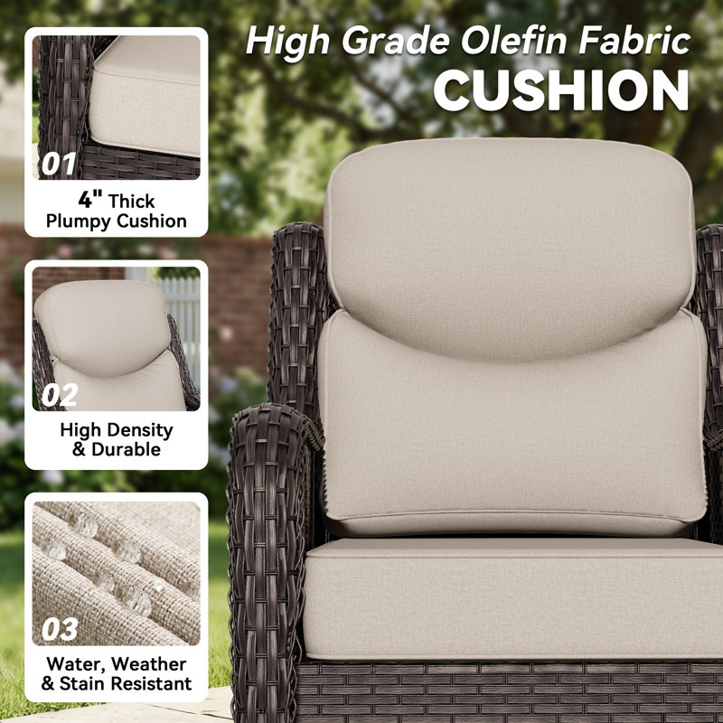 Adcox 2-Person Outdoor Patio Conversation Rattan Seating Group With 2 Ottomans,2 Swivel Chairs and Beige Cushions, Beige
