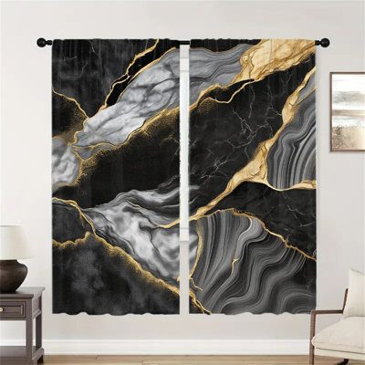 2Pcs rideaux abstraits en marbre noir doré, rideaux de fenêtre de cuisine de chambre à coucher de salon moderne de luxe, panneaux de traitement d'intimité décoratifs pour bureau à domicile, rideaux décoratifs de style artistique de mode