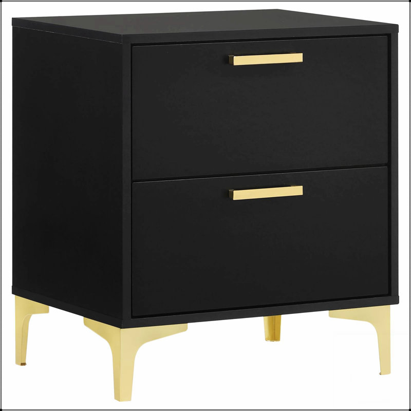 Table de chevet rectangulaire moderne à 2 tiroirs noire et dorée avec rangement spacieux et design luxueux, parfaite pour les chambres glamour.