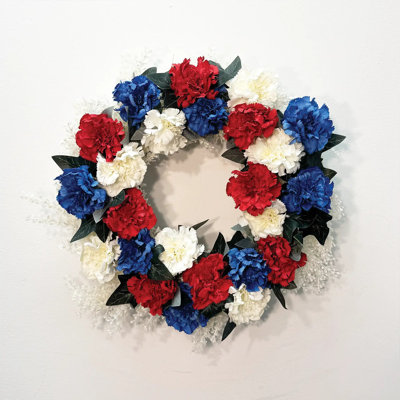 Oh Say Can You See - Red, White, & Blue Carnation Flowers on Gypsophilia Base Americana Patriotic Front Door Wreath