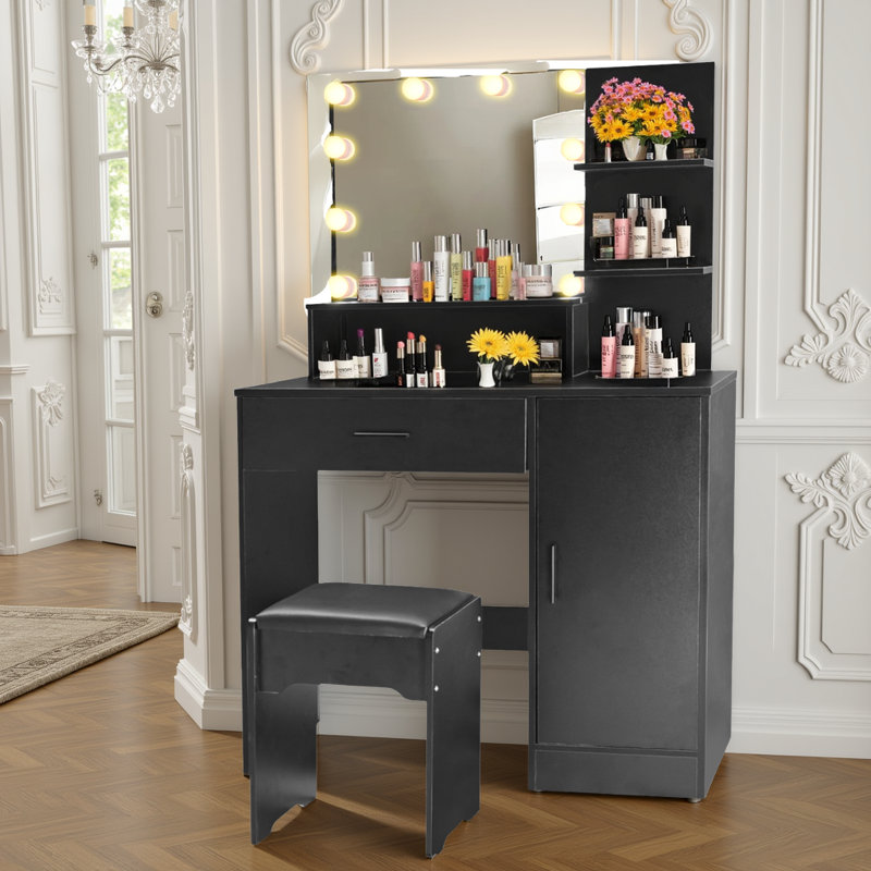 Meuble-lavabo noir avec lumières DEL réglables, rangement spacieux et assemblage facile
