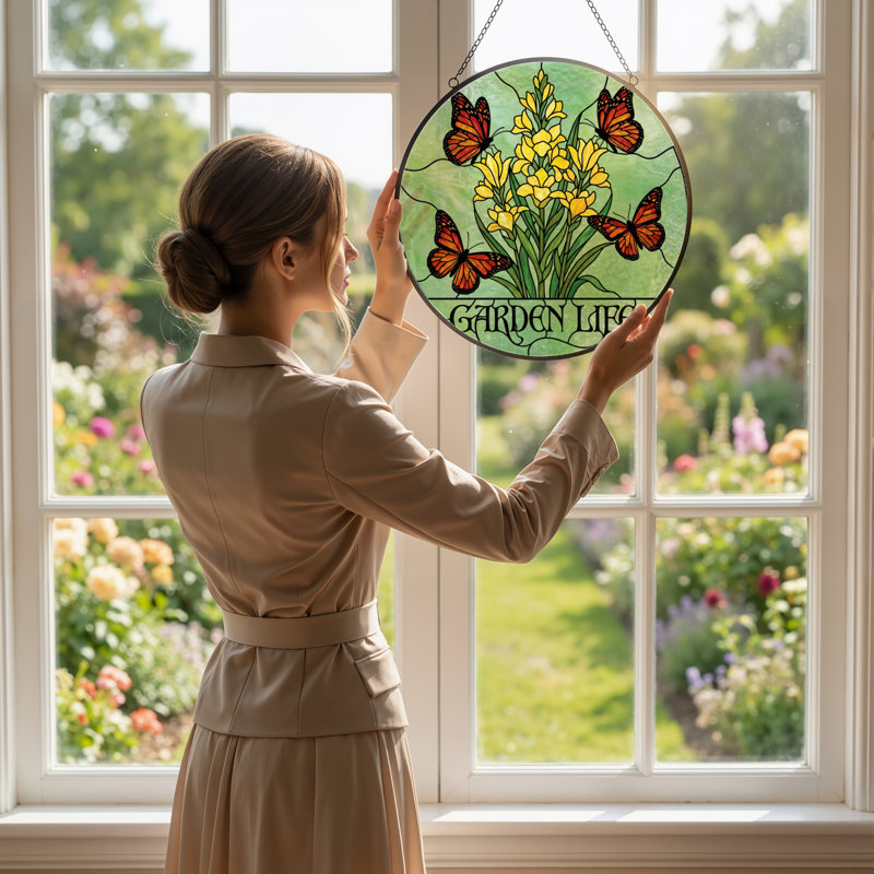 12"H Butterfly Flowers Stained Glass Window Panel