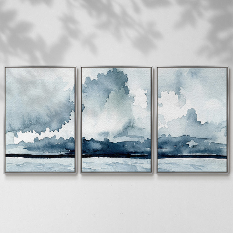 «Passing Rain Storm I» - Toile encadrée à pièces multiples_2740605C, H 36 po x l 75 po x P 2 po, Encadrement argenté