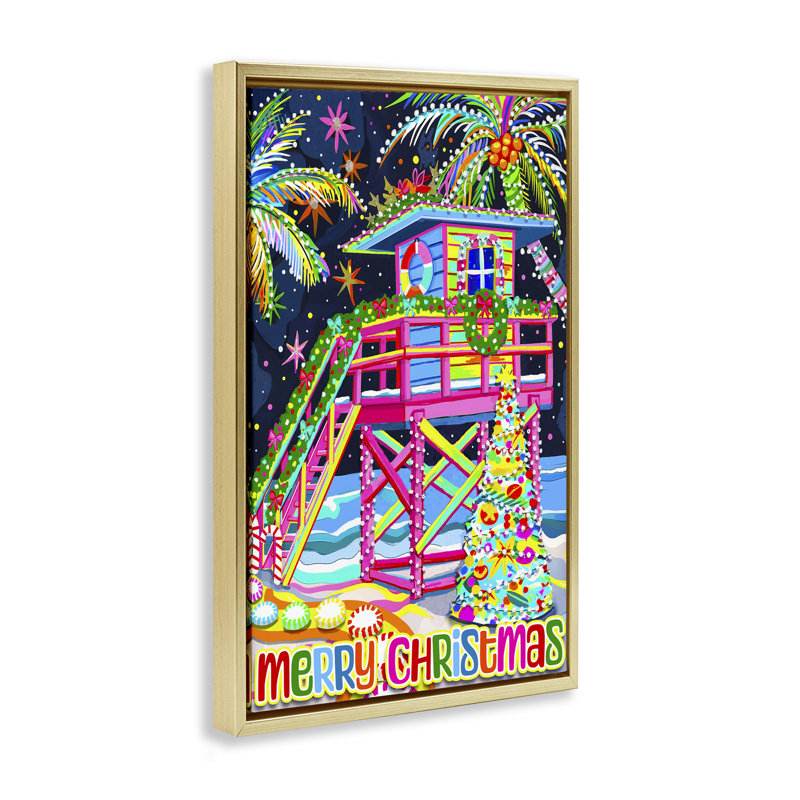 Toile de Noël fantaisiste bord de mer par Jess Stempel, Cadre flottant métallique doré, H 25 po x l 17 po