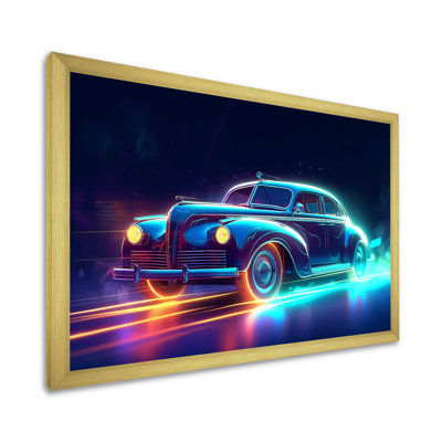 «Neon Light Strips Around Indigo Vintage Car», art mural sur toile rétro