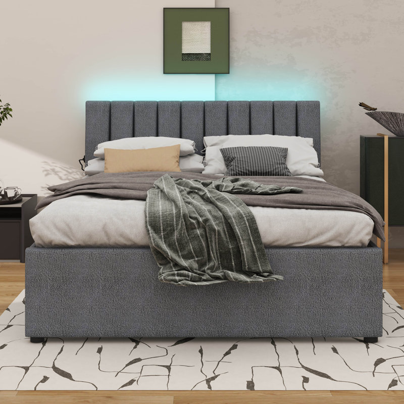 Lit plateforme rembourré Teddy, Gris, Grand lit