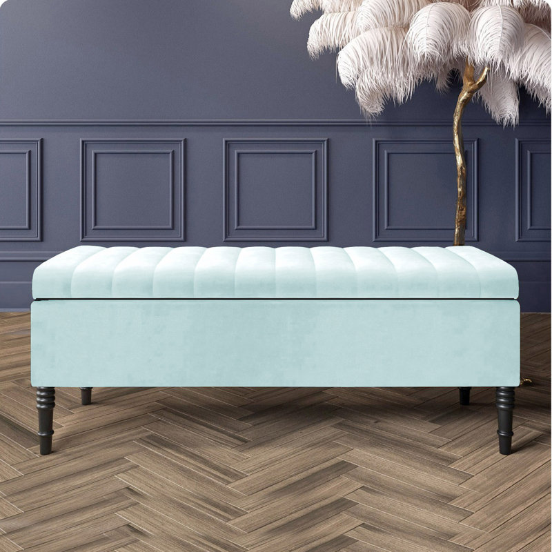 Paris Striped Ottoman Storage Bench - Upholstered Plush Velvet Shoes Bench with Black Turned Wooden Legs, White