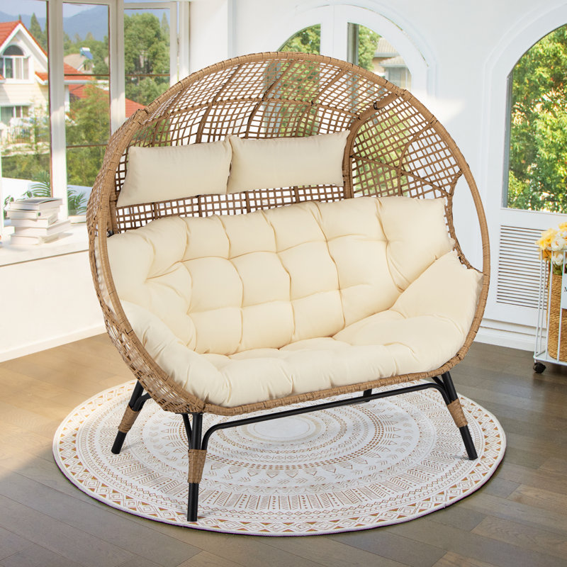 Outdoor Double Oversized Egg Chair Luxurious 2 Person Wicker Egg Chair with Thickened Cushions, Beige