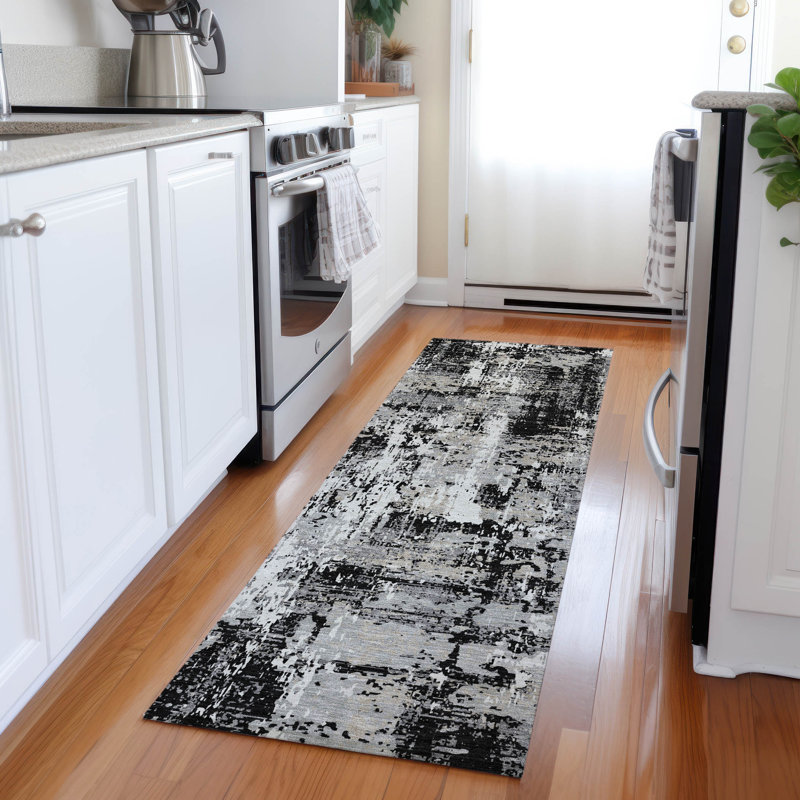 Tapis noir intérieur / extérieur lavable à la machine Chayden ACN1008, Tapis de couloir 2 pi 3 po x 7 pi 6 po