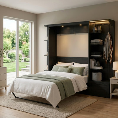 Queen Murphy Bed With LED Lights And Storage Shelves, Space-Saving Wall Bed With Built-In Wardrobe And Cabinets
