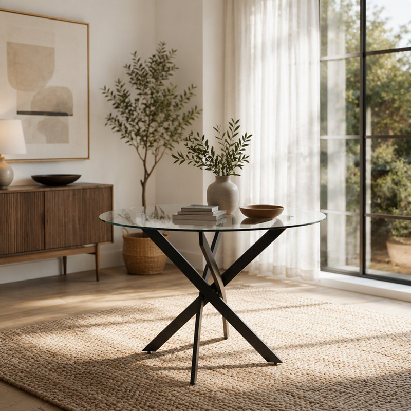 Table de salle à manger ronde, table de salle à manger en verre 35,5 po avec pieds en métal, table de cuisine moderne pour la maison, salle à manger