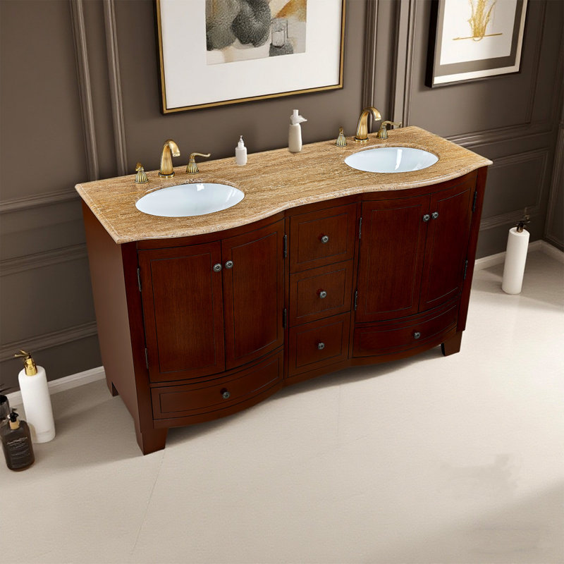 Meuble-lavabo double 60 po avec plateau en travertin Teyang
