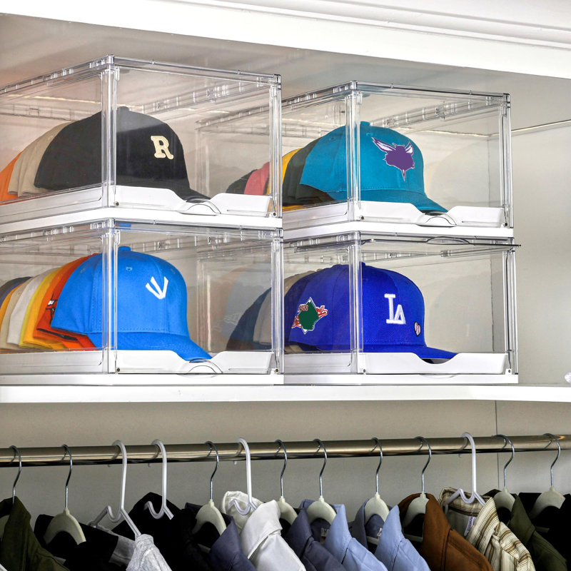 2 Pack Hat Organizer For Baseball Caps, Clear Hats Holder Box With Drawer, Large Cap Storage With Sliding Tray, Stackable Rack Display Case With Magnetic Door, Each Holds 12 Hats