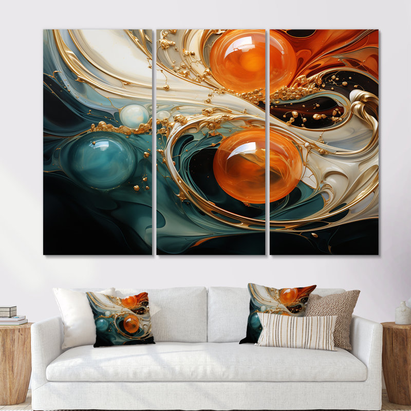 Planète vagues orange et or II - art mural abstrait, Toile tendue, H 40 po x l 61 po x P 1 po