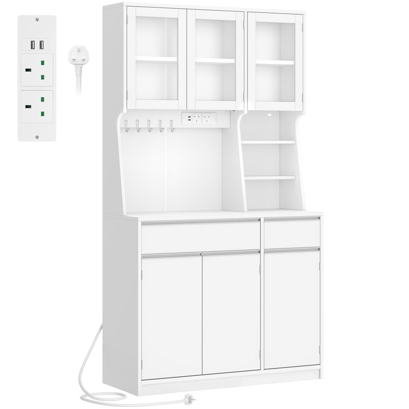 Kitchen Cupboard with LED & Power Outlet, Tall Kitchen Cabinet with Countertop & 2 Drawers, Sideboard Storage Cabinet, Adjustable Shelves, for Dining Room, 40 x 100 x 180 cm