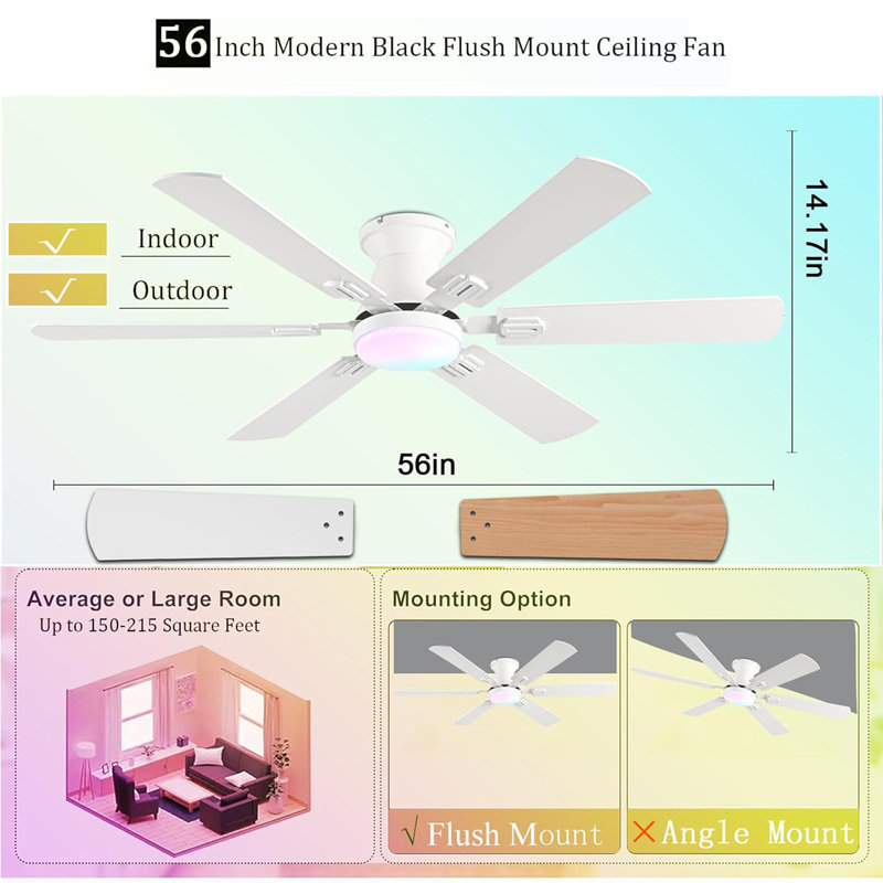 56" RGB Ceiling Fans With Lights - App And Remote Control, Quiet Reversible DC Motor, Flush Mount Double-Sided Blades, 3CCT Dimmable, Smart Low Profile Ceiling Fan For Bedroom Kids Room
