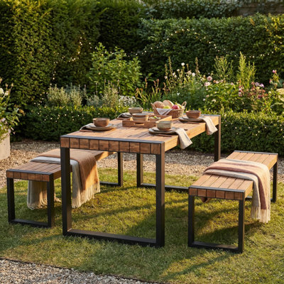 Ensemble de bar de patio 3 pièces, table de salle à manger compacte avec 2 bancs, bois massif, structure en métal, industriel moderne, utilisation extérieure