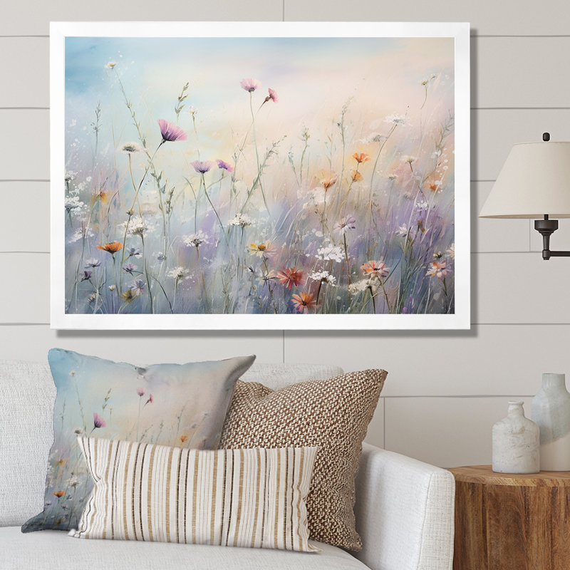 Wildflowers Wander meadows - Art mural de fleurs sauvages pour le salon, Cadre photo unique, H 30 po x l 40 po, Blanc