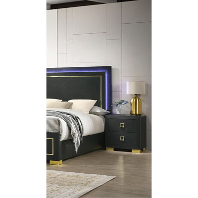 Table de chevet noire avec 2 tiroirs, poignées carrées, garniture dorée et pieds en bois d'ingénierie, style classique pour la chambre à coucher, l 24 po x P 16 po x H 24 po, facile à assembler, finition moderne, simple