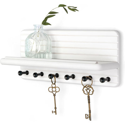  Pine Wood Key Holder Wall Mount – Chic 11-Inch Key Holder for Wall with 6 Hooks & Floating Shelf - Elegant Hanging Shelf Accent for Rustic Farmhouse Home Decor (Old Black)