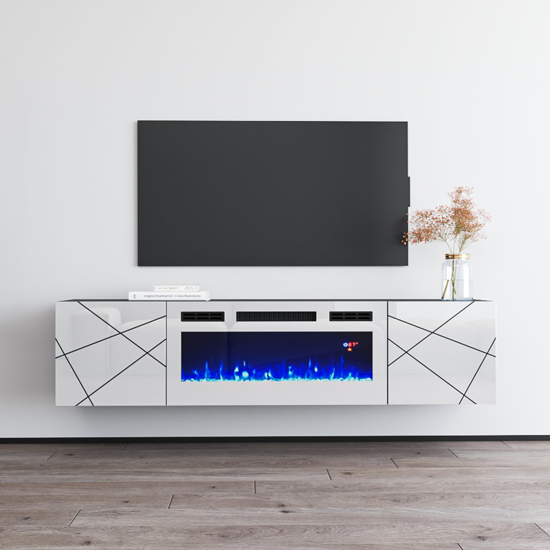 Sermet 70" Modern TV Stand with Electric Fireplace, High Gloss Finish, Wall-Mounted, Gray/White