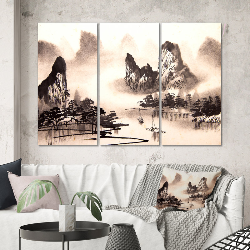 Paysage d'eau chinois monochrome - peinture sur toile tendue 3 pièces, H 40 po x l 60 po x P 1 po