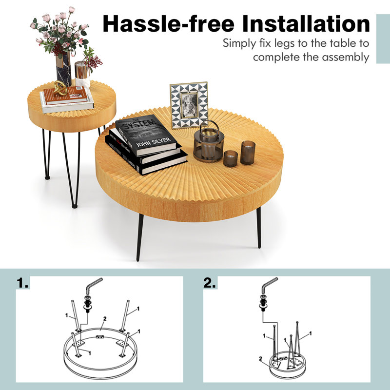 Round Pine Wood Coffee Tables with Black Metal Legs, Set of 2