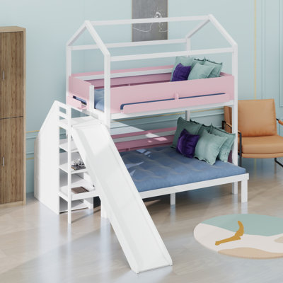 Lit superposé en forme de maison avec glissière et escalier de rangement