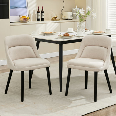 Ensemble de 2 chaises de salle à manger rembourrées modernes, chaises de cuisine en tissu de lin avec pieds fuselés noirs, chaises d'appoint à dossier incurvé pour salle à manger, salon, beige