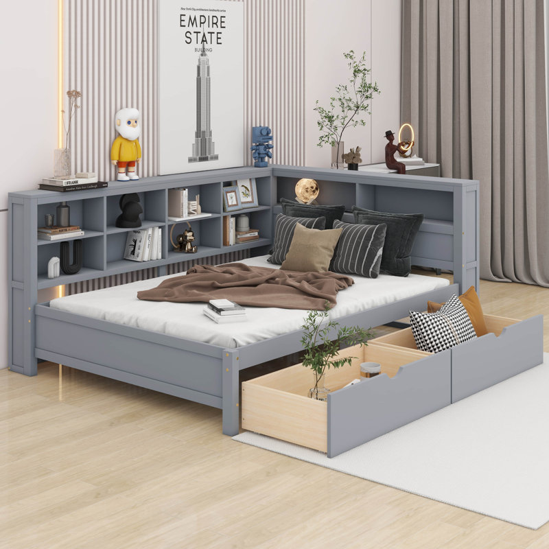 Lit de jour en bois Candrice avec 2 tiroirs, tablette de rangement et ports de chargement USB, Complète, gris