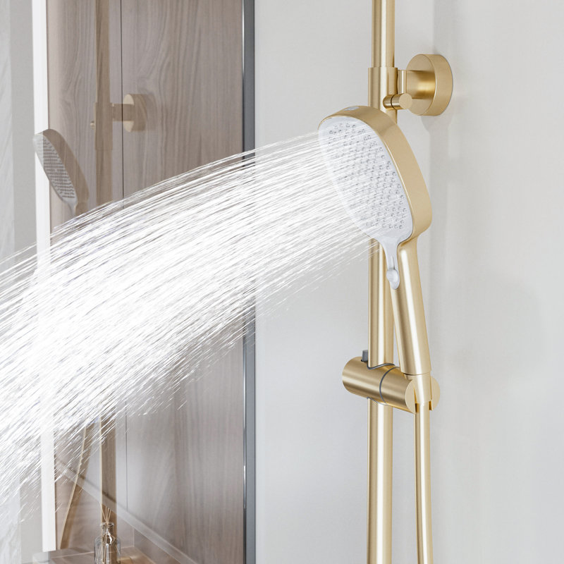 3-Function Wall-Mounted Shower System With Square Rainfall Shower Head, Adjustable Handheld & Tub Spout, Brushed Gold
