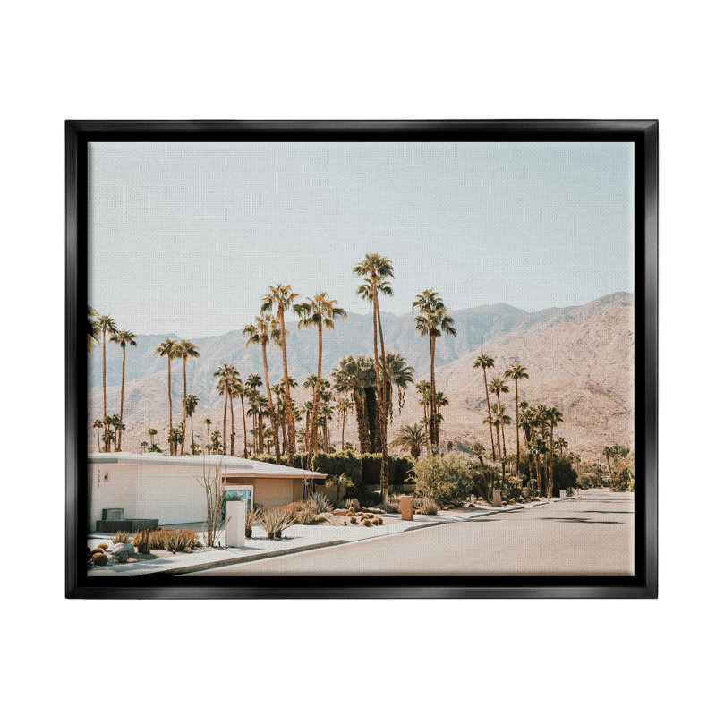 «Summer Villa Town Palm Trees Floater» par Krista Broadway, H 17 po x l 21 po x P 1,7 po, Cadre flottant noir de jais
