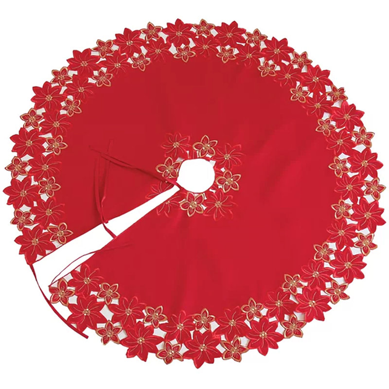 Embroidered Red and Gold Poinsettia 68" Round Christmas Tree Skirt
